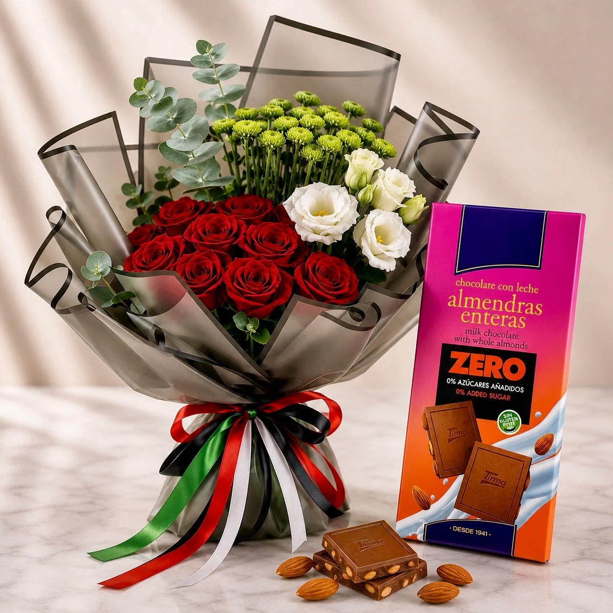 UAE flag roses and chocolate combo with red white flowers and almonds